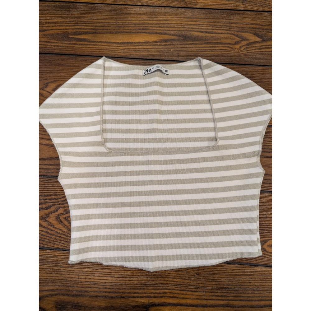 Zara Women's Cap Sleeve Crop Top Grey / White‎ Stripe Size Small Stretchy - Picture 1 of 9